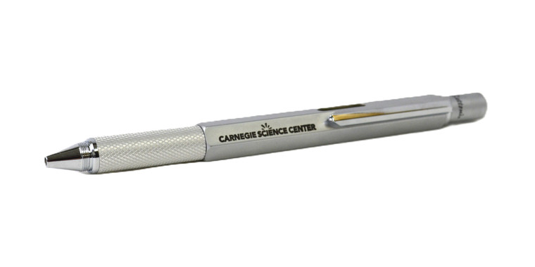 A stainless steel Graphica Bettoni 4-in-1 Pen with the Carnegie Science Center logo on it