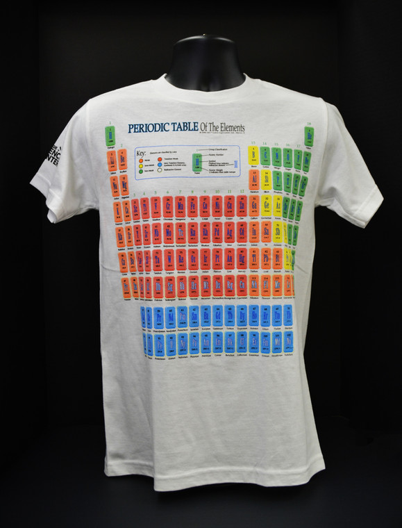 This image shows a white t-shirt with the Periodic Table of the Elements in red, green, purple and blue.