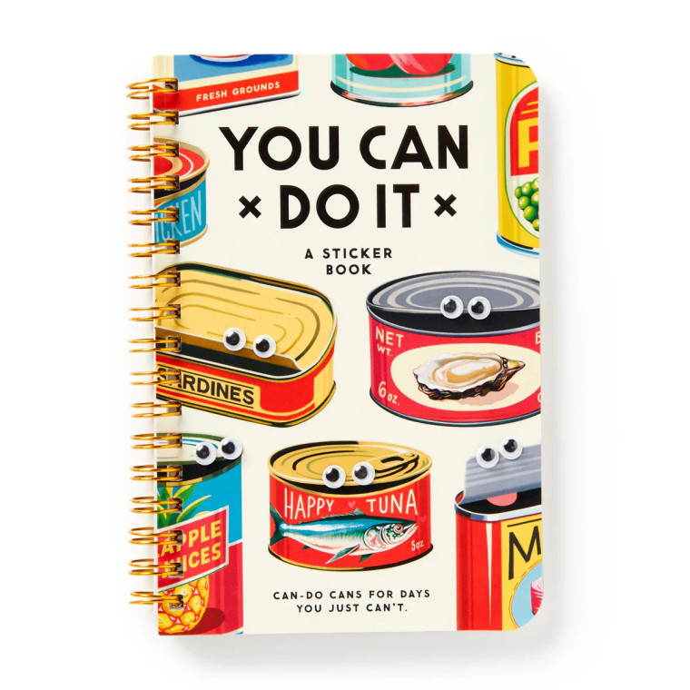 The cover of the spiral bound sticker book, illustrations of tin food cans with