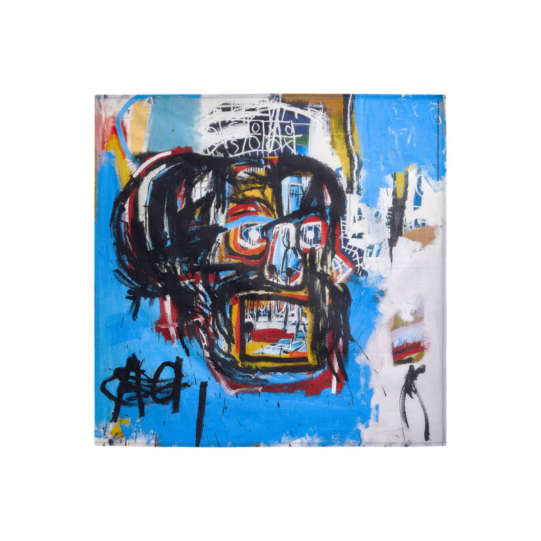 Skull artwork by Basquiat on a square bandana.