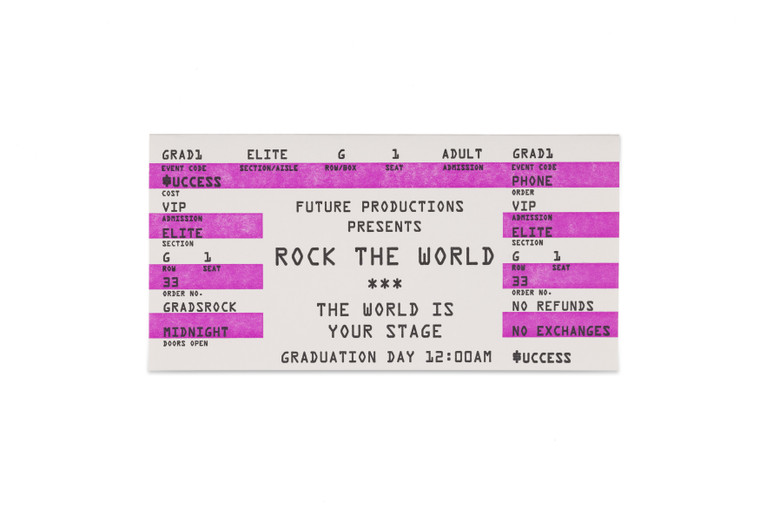 Front view of a graduation card imitating a printed concert ticket.