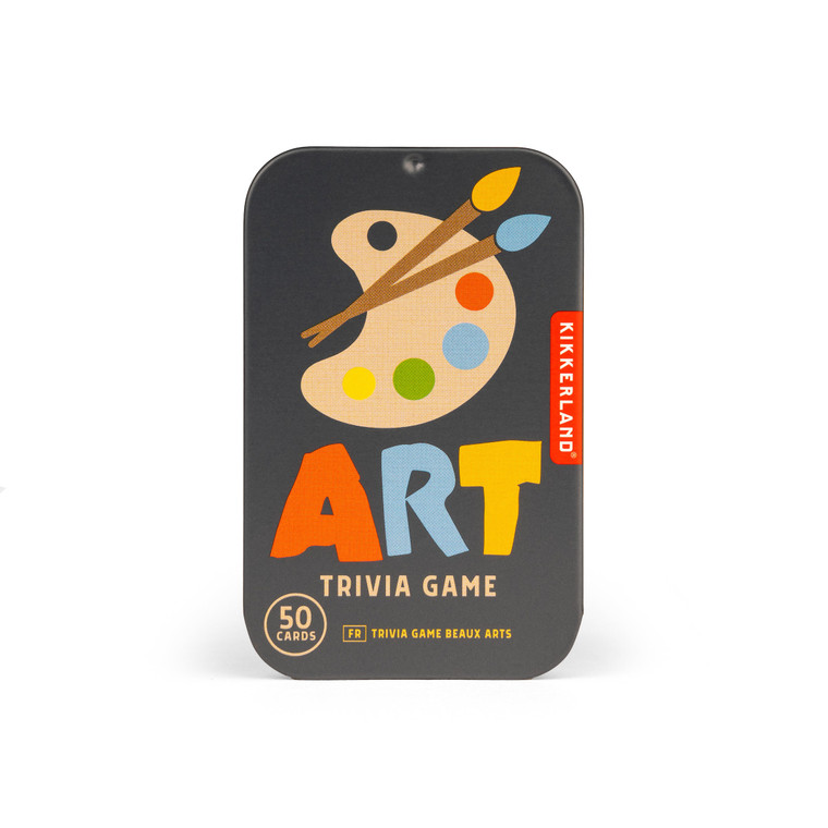 Rectangular tin packaging, illustration of a paint palette, Text: Art Trivia Game