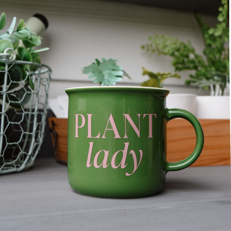 Green Mug with Pink "Plant Lady" design on both sides