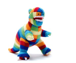knit T. Rex with large stripes in rainbow colors