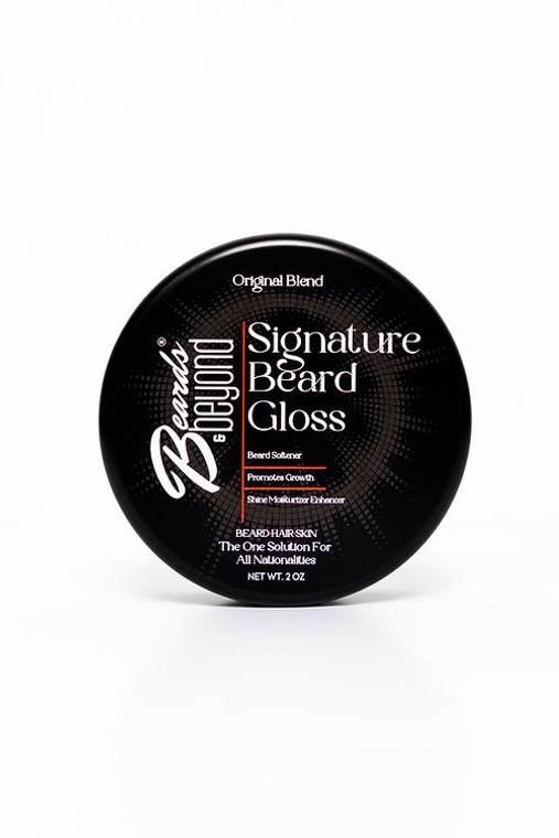 packaging of beard gloss, round black metal container with the product name across front