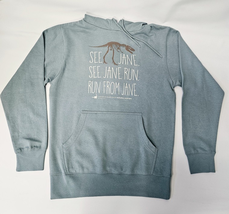 hoodie laid flat.hoodie is a pale blue-green with a brown 2D image of a nanotyrannus fossil and the words "see jane, see jane run, run from jane" written in 3 separate lines beneath