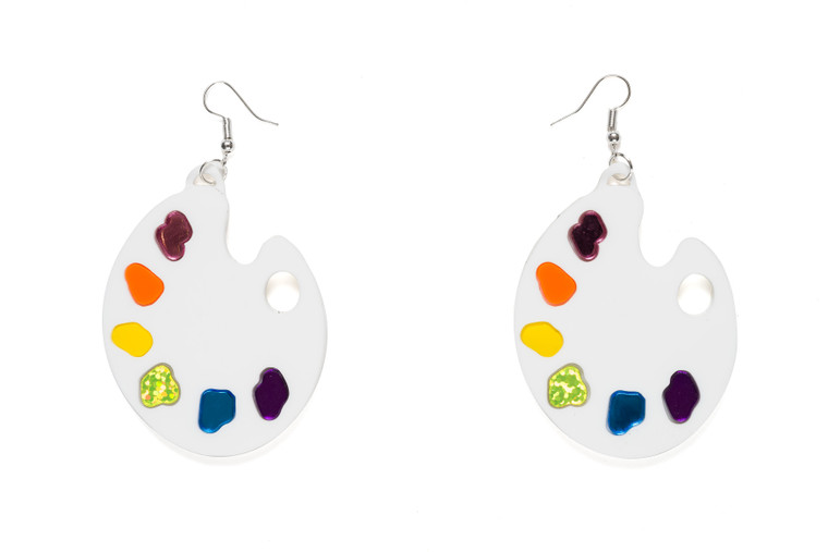 Artist paint palette shaped acrylic earrings.