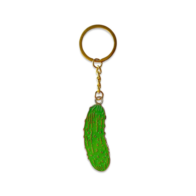 Pickle shaped enamel keychain, with a gold keyring.