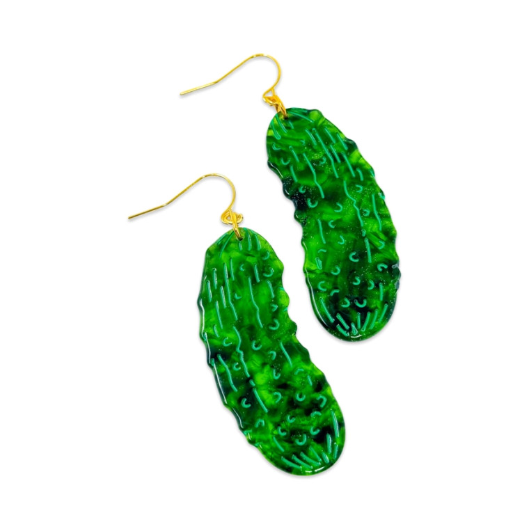 Green pickle shaped acetate earrings on a golden hook.