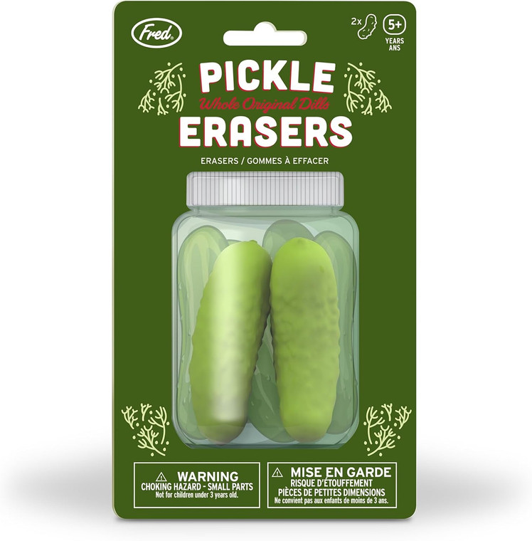 Packaed pickle shaped erasers in a pickle jar blister backer card.