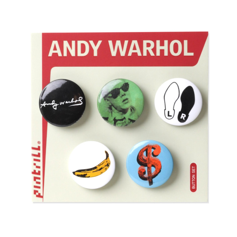 Five round button pin set each with Andy Warhol art work.
