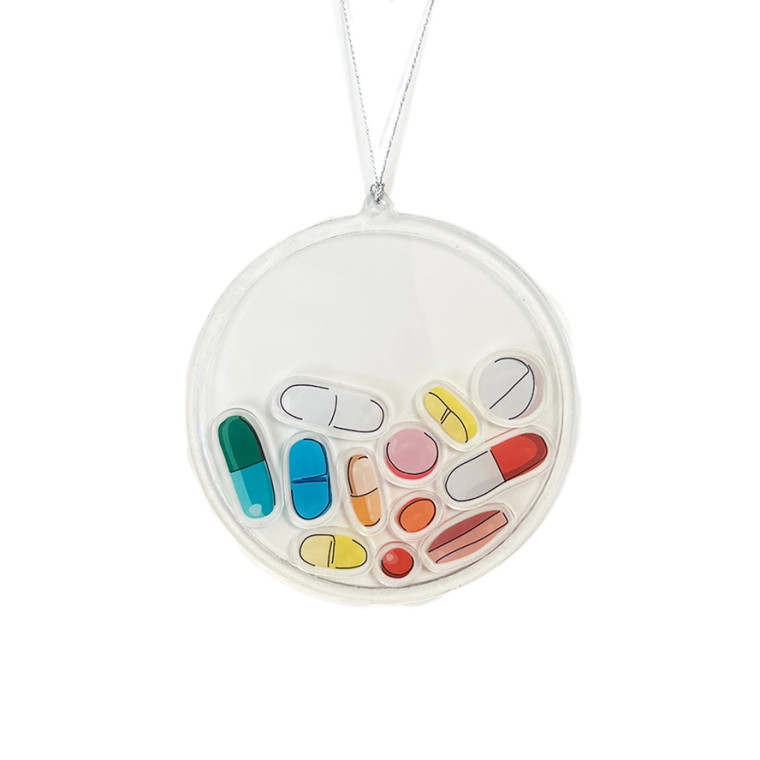 Assorted pills round shaker ornament.