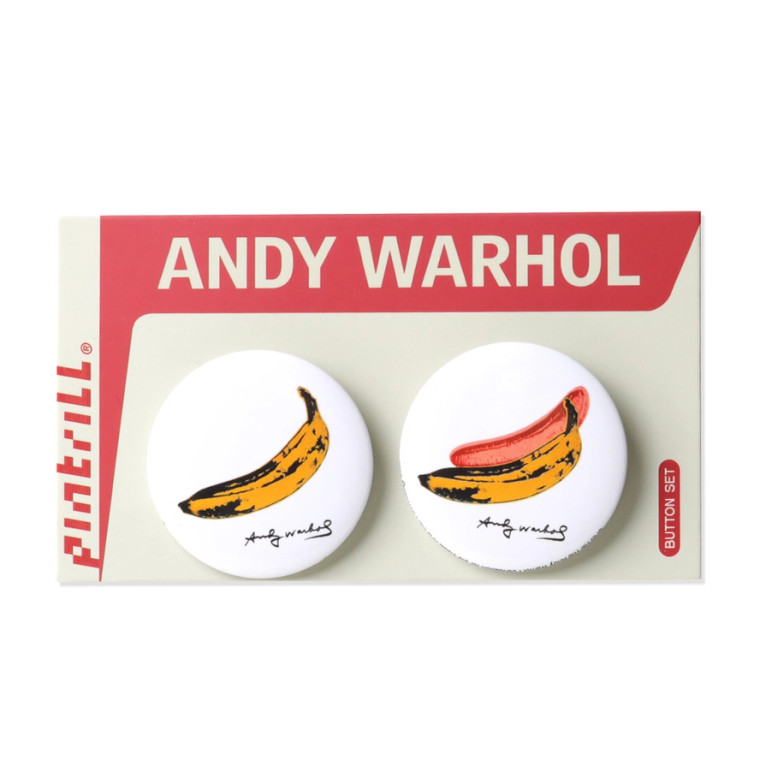 round button pin set each with yellow banana Andy Warhol art work.