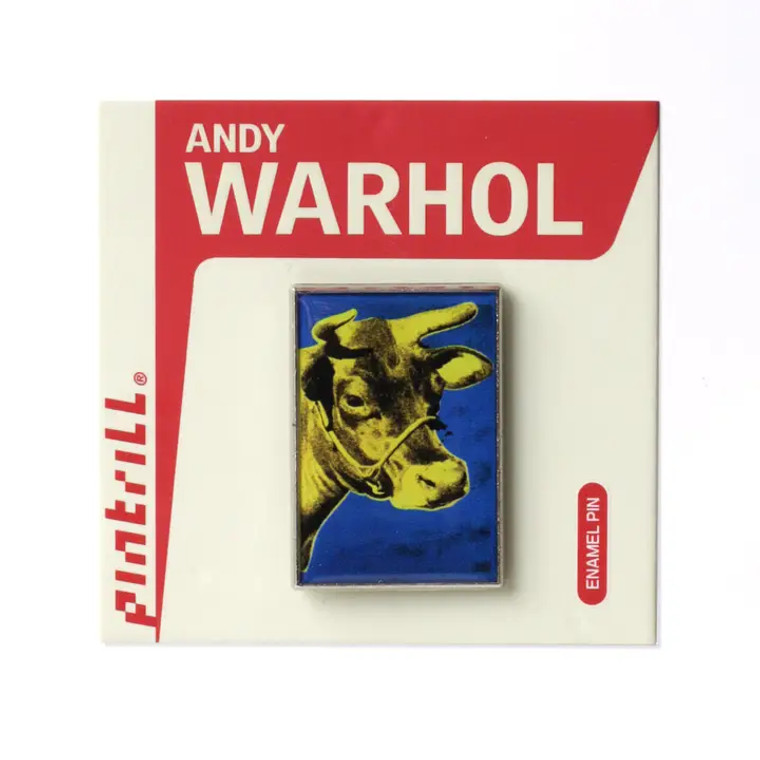Enamel pin of Warhol's blue and yellow cow art work.