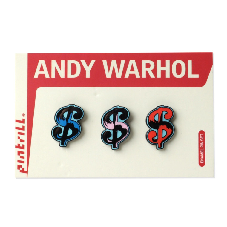 Assorted dollar sign art work by Andy Warhol as pins.