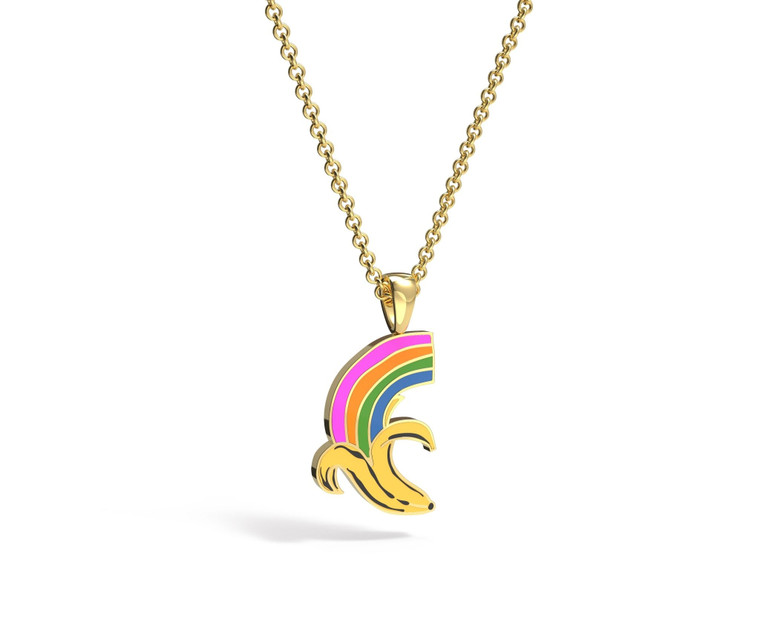 Rainbow banana pendant on a gold chain.