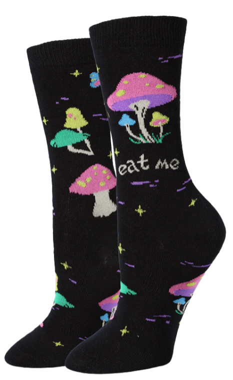 black socks neon colored mushrooms and the words "eat me" printed on the sides