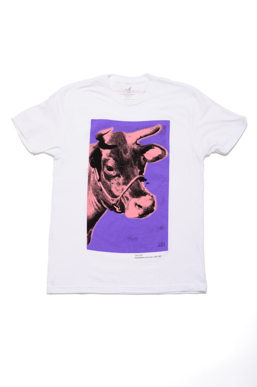 White t-shirt with Warhol art work of a pink cow on a purple background.