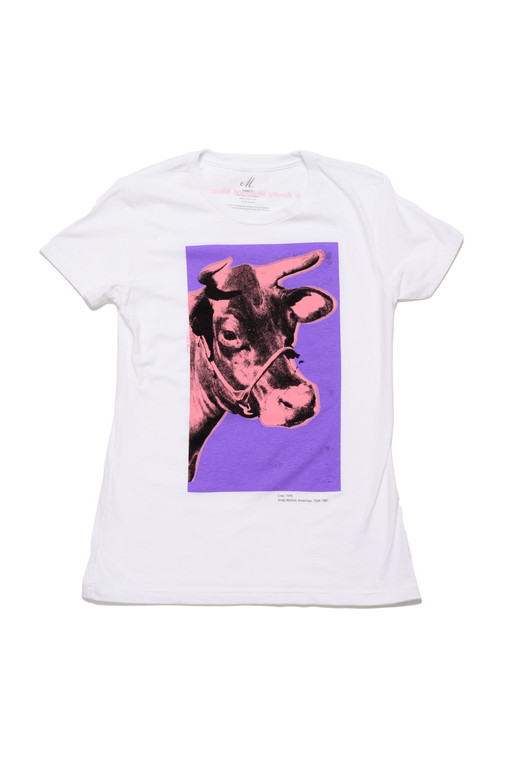 White t-shirt with Warhol art work of a pink cow on a purple background.