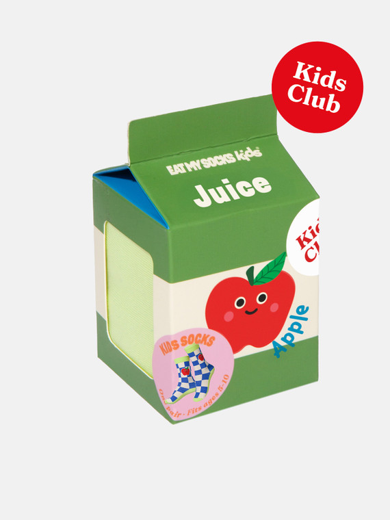 Kids socks packaged in apple juice box.