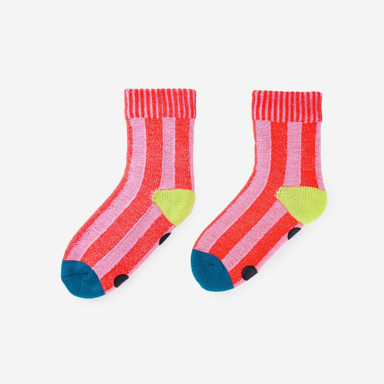 Knit sock poppy and lilac stripe with blue and yellow accent.