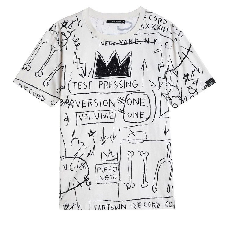 Beat Bop tee, white with black print. Front view.
