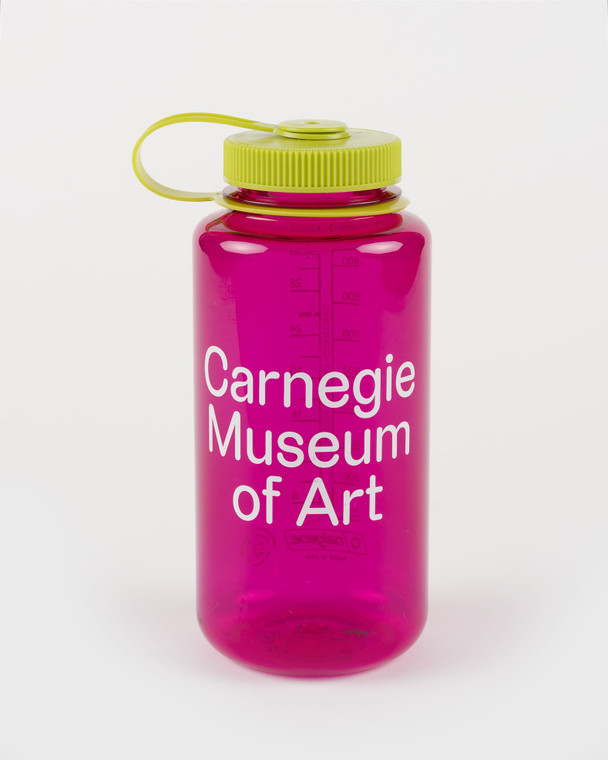 Carnegie museum of art water bottle front view. Color eggplant.