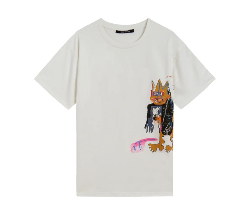Basquiat "A-One" white t-shirt, featuring art on the left side. Front view. Basquiat "A-One" white t-shirt, featuring art on the left side. Front view.