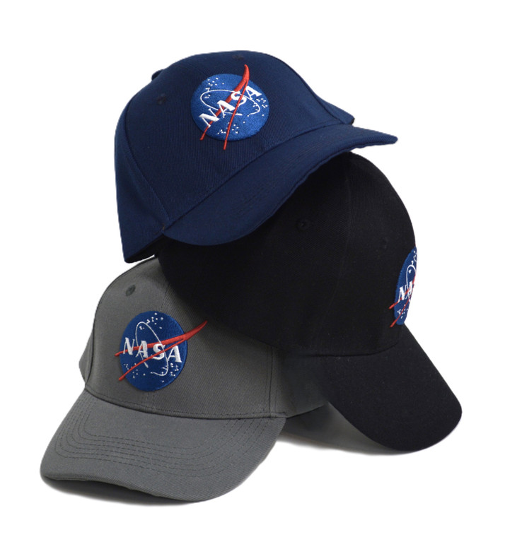 Three stacked baseball cap with the NASA meatball logo in navy, black, and grey.