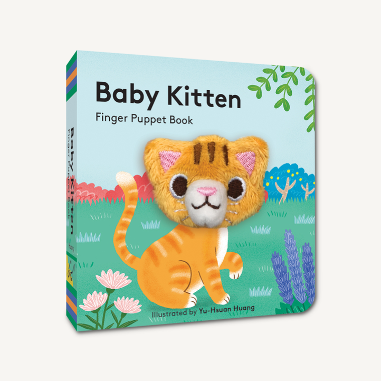 Baby book featuring a kitten finger puppet.