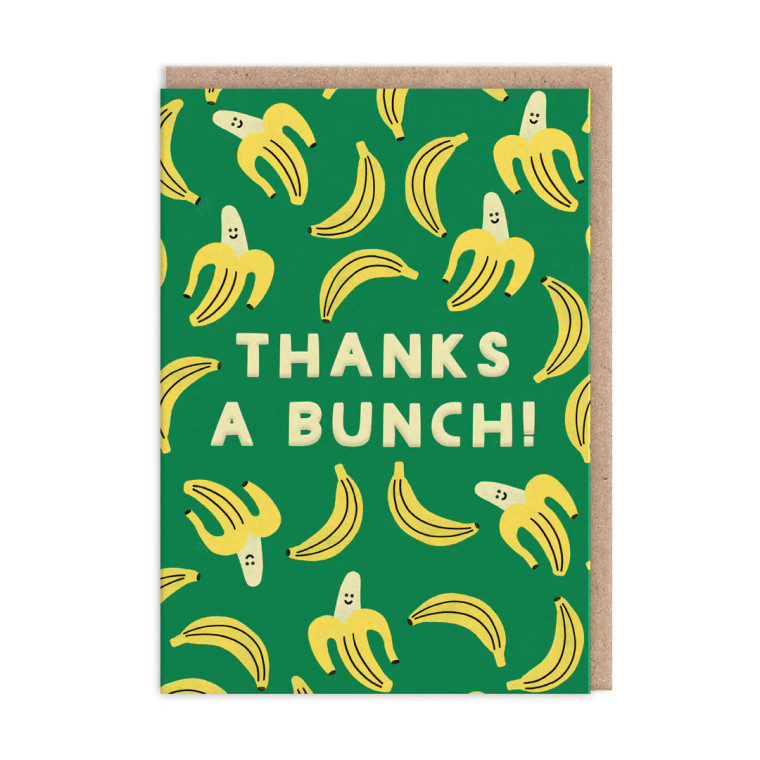 Green card, with yellow bananas with a smiley face. Text in yellow: thanks a bunch!