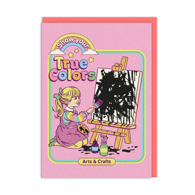 Pink card, illustration of a girl painting black brush strokes on a canvas.