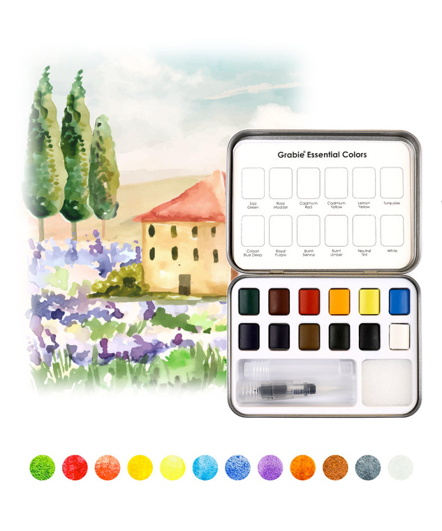Open box of the watercolor displayed on a background watercolor image. Open box of the watercolor displayed on a background watercolor image.
