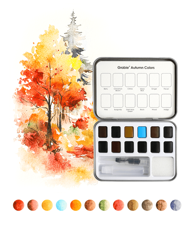 Open box of the watercolor displayed on a background watercolor image.