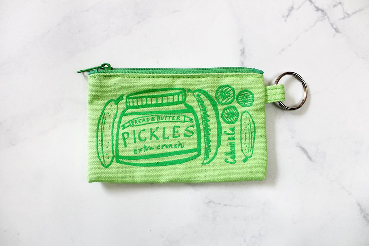 Green rectangular zippered pouch with an attached keyring, screen printed with illustration of a pickle jar and pickles, text: Pickles