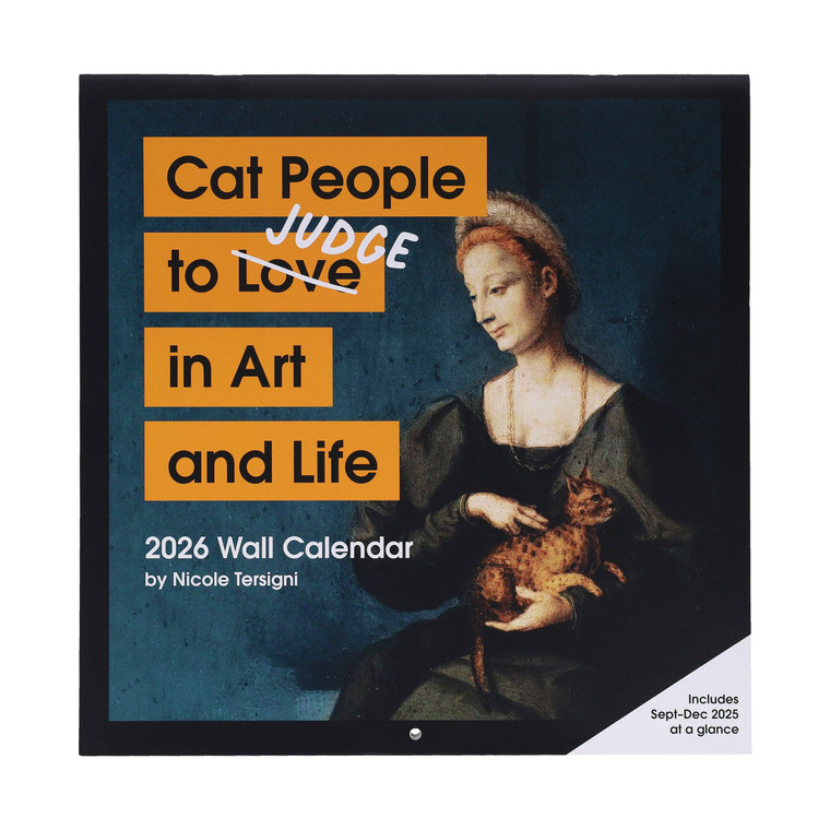 Cover of the wall calendar, art work of a woman holding a cat, text: Cat people to judge in art and life Cover of the wall calendar, art work of a woman holding a cat, text: Cat people to judge in art and life
