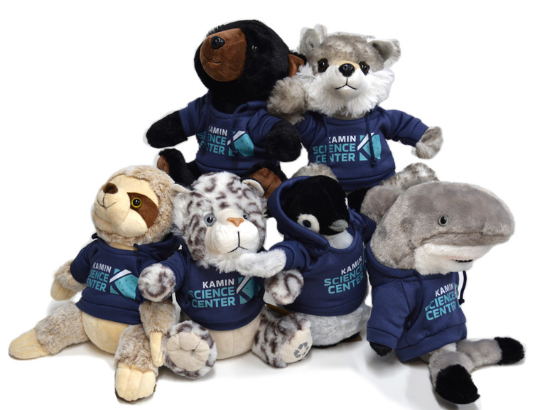 Six plush animals with blue Kamin Science Center hoodies arranged in a pyramid