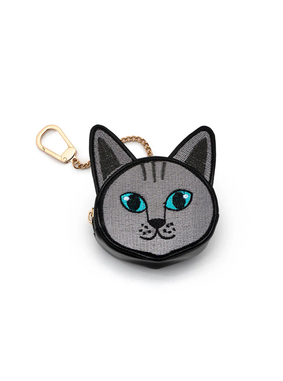 Grey cat head shaped pouch attached with a gold keyring