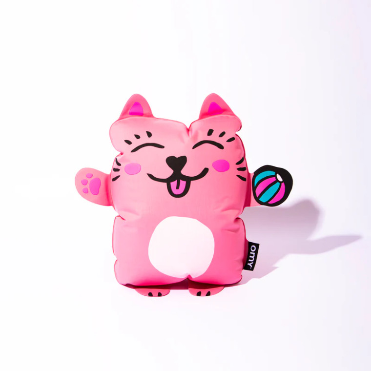 An inflatable pink kitty pillow on a white background.