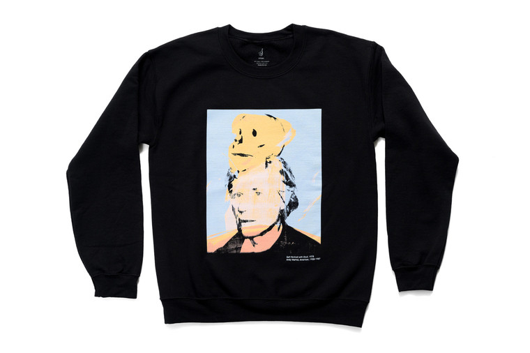 Black crewneck sweatshirt, image of Andy Warhol with Skull on his head.