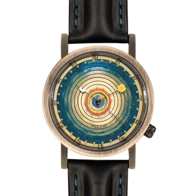 A moving gif of a watch that uses the moon and sun for arms and points to Zodiac signs in the place of numbers