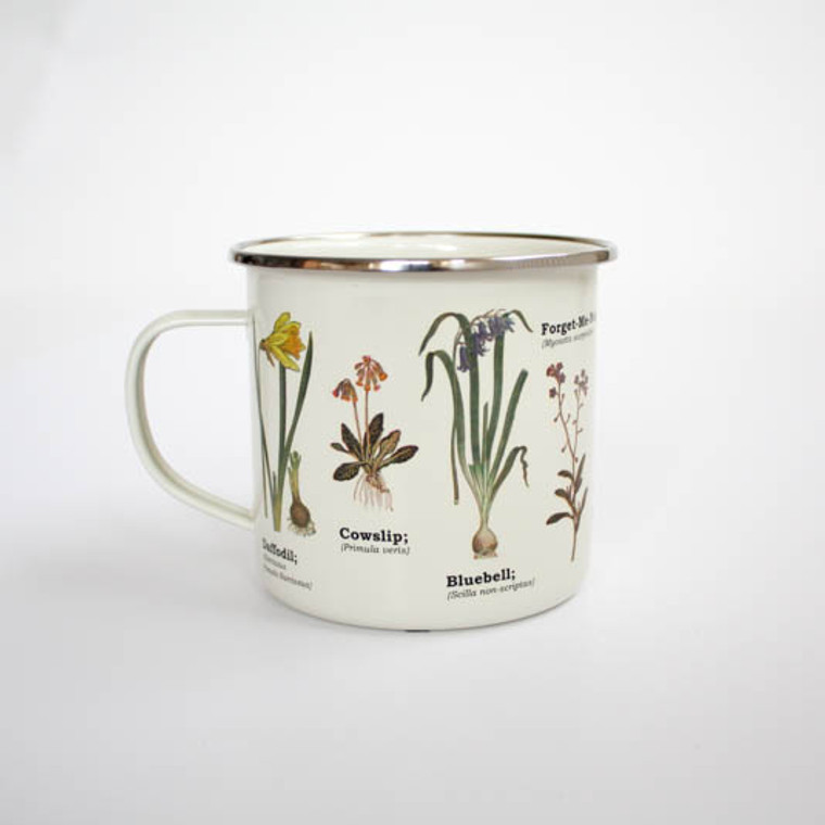 white metal mug with flowers printed on it
