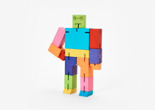 Cube Bot toy. A wooden toy robot that folds up into a cube. Multicolored.