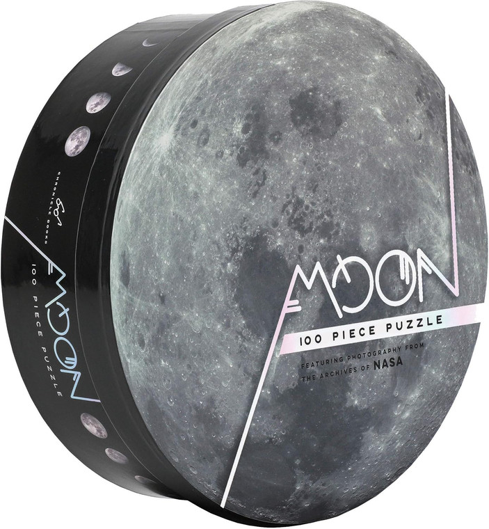 A short cylindrical box with an image of the round Moon jigsaw puzzle it contains