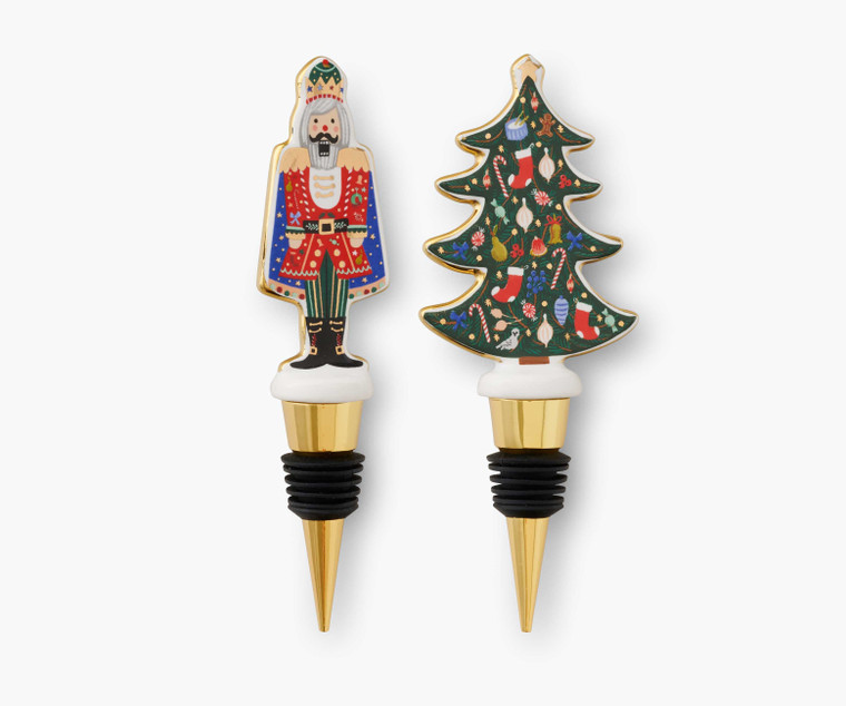 wine stoppers in shape of Christmas tree and nutcracker