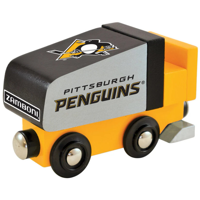 A wooden, magnetic Pittsburgh Penguins Zamboni/train engine