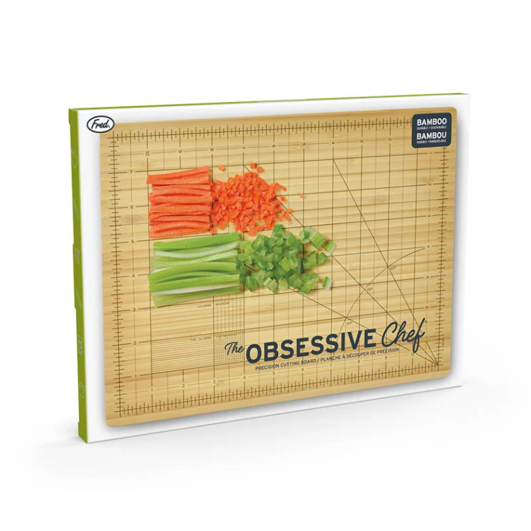 A bamboo cutting board with precut measurements in its packaging