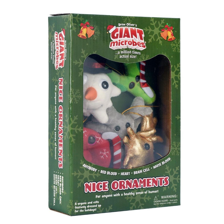 A green box containing five festive plush ornaments of cells and organs