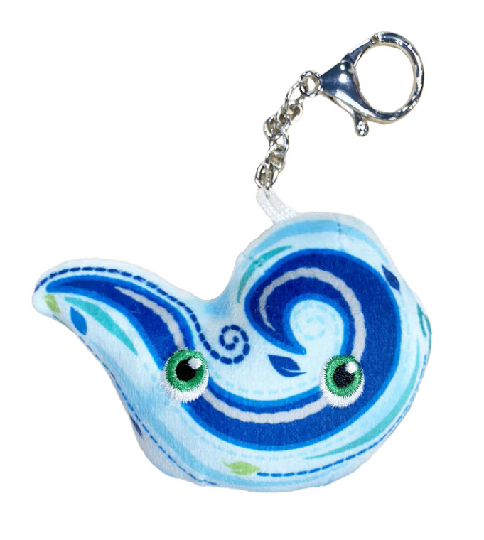 A plush keychain with an image of swirling wind and a face on the side