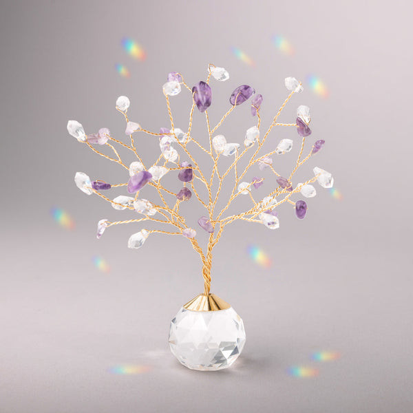 gemstone tree made of brass, amethyst, and small crystals